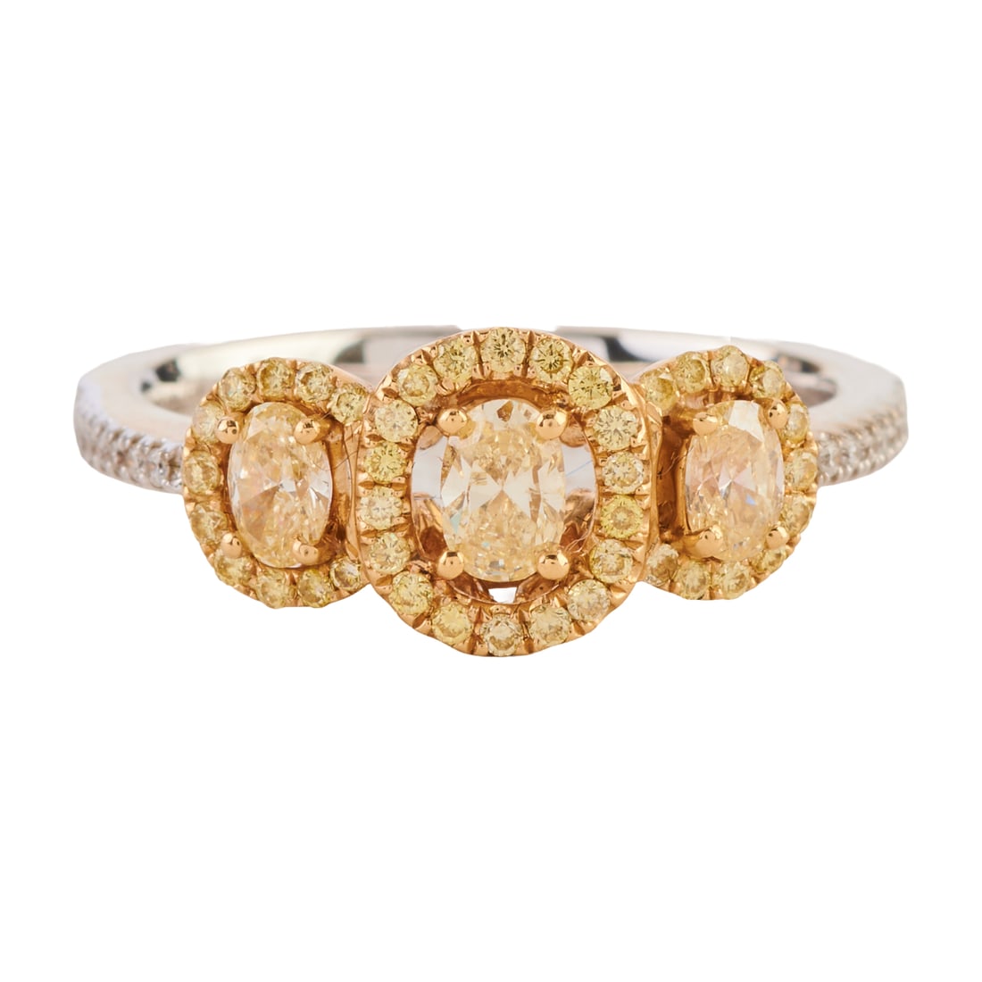Yellow Diamond, Diamond, 14k Gold Ring: Yellow Diamond, Diamond, 14k Gold Ring. Featuring three oval-cut yellow diamonds, accented by round-cut yellow and near colorless diamonds weighing a total of approximately 1.00 cttw., set in a 14k ye