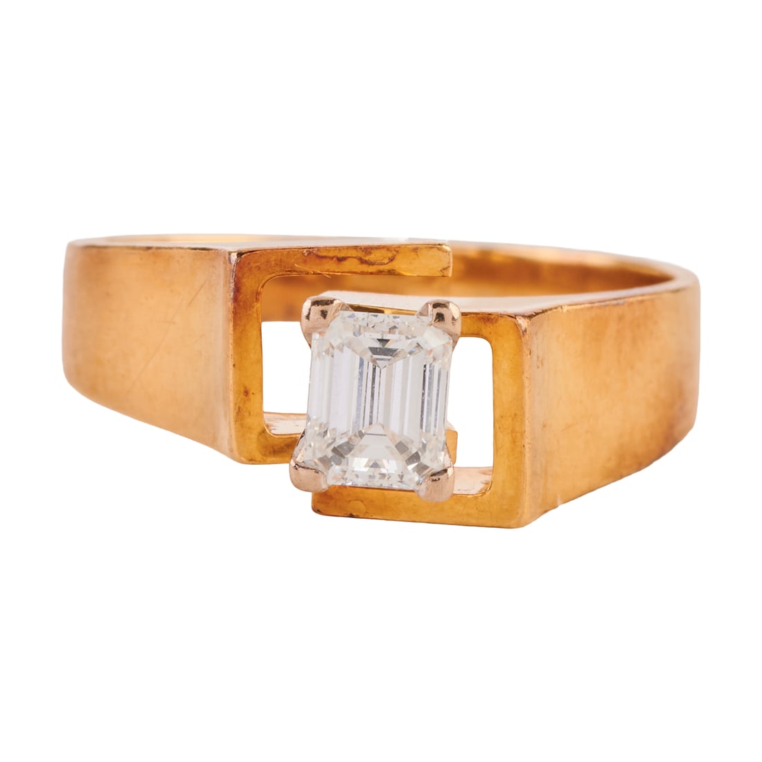 Diamond, 18k Yellow Gold Ring: Diamond, 18k Yellow Gold Ring. Featuring one emerald-cut diamond weighing approximately 0.35 ct., set in an 18k yellow gold geometric mounting. {Size: 6 1/2, Gross Weight: 2.8 dwts}