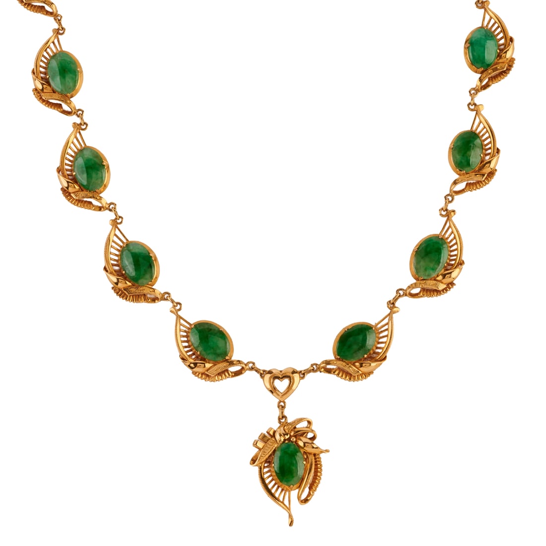 Jade, 14k Yellow Gold Necklace: Jade, 14k Yellow Gold Necklace. Featuring eleven jadeite jade cabochons measuring approximately 9.5 x 7.5 mm, set in a 14k yellow gold mounting, suspended by bar links, completed by a spring ring clas