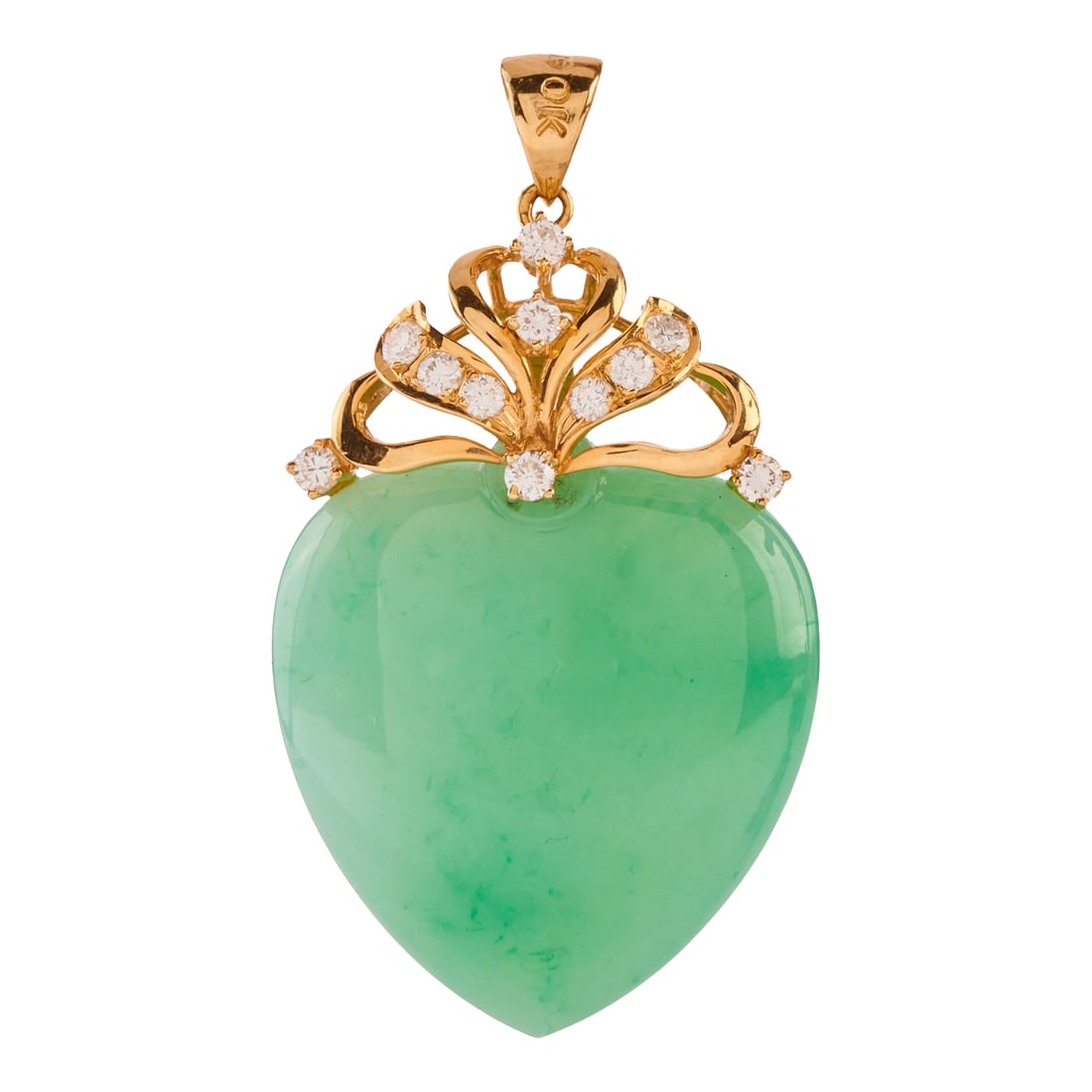 Jade, Diamond, 14k Yellow Gold Pendant: Jade, Diamond, 14k Yellow Gold Pendant. Featuring one apple shaped shade pendant measuring approximately 26 x 25 mm, accented by eleven full-cut diamonds weighing a total of approximately 0.60 cttw., 