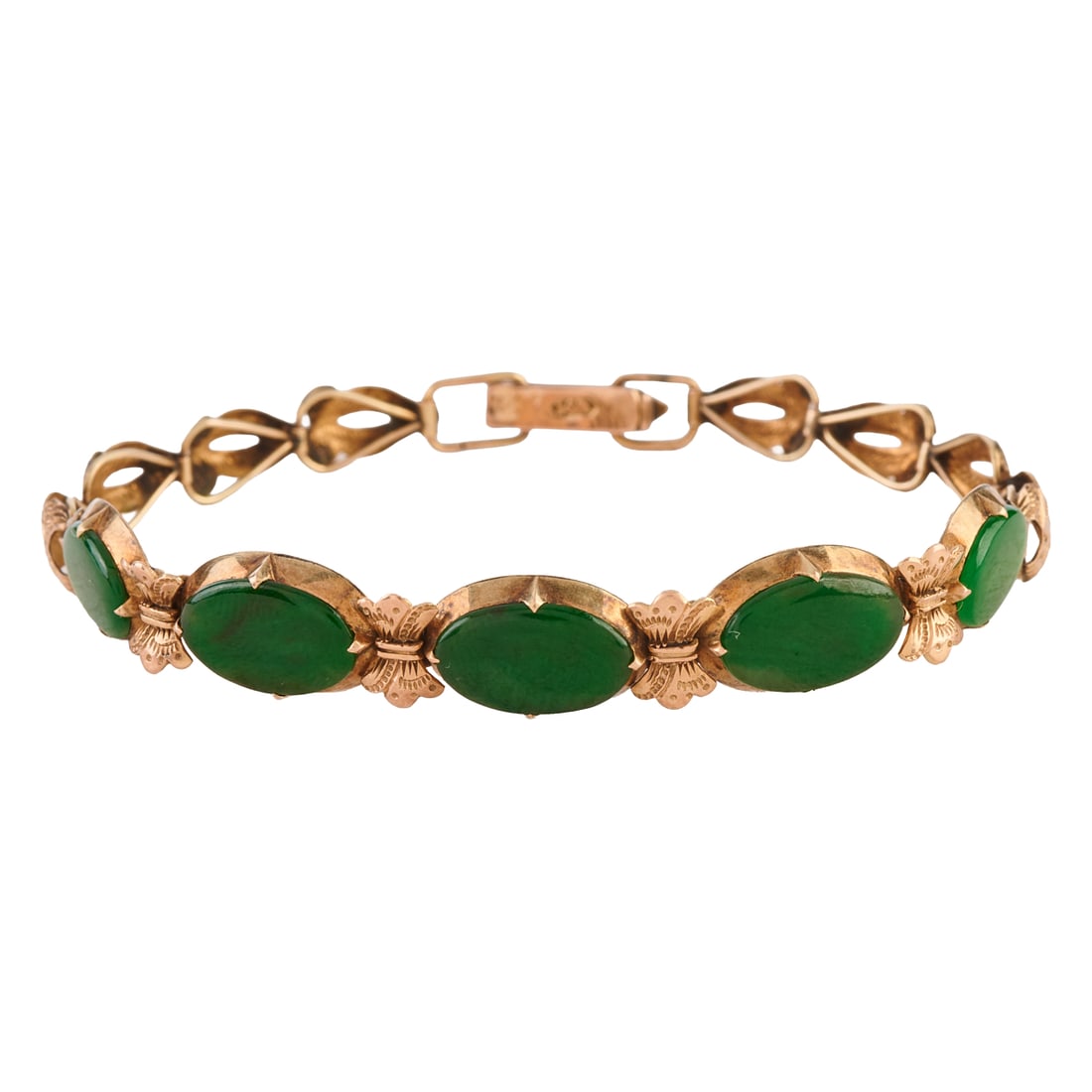 Jade, 9k Yellow Gold Bracelet: Jade, 9k Yellow Gold Bracelet. Featuring five oval shaped jade cabochons measuring approximately 9.2 x 6.6 mm to 10.6 x 6.8 mm, set in a 9k yellow gold mounting, completed by a fold over clasp, formin