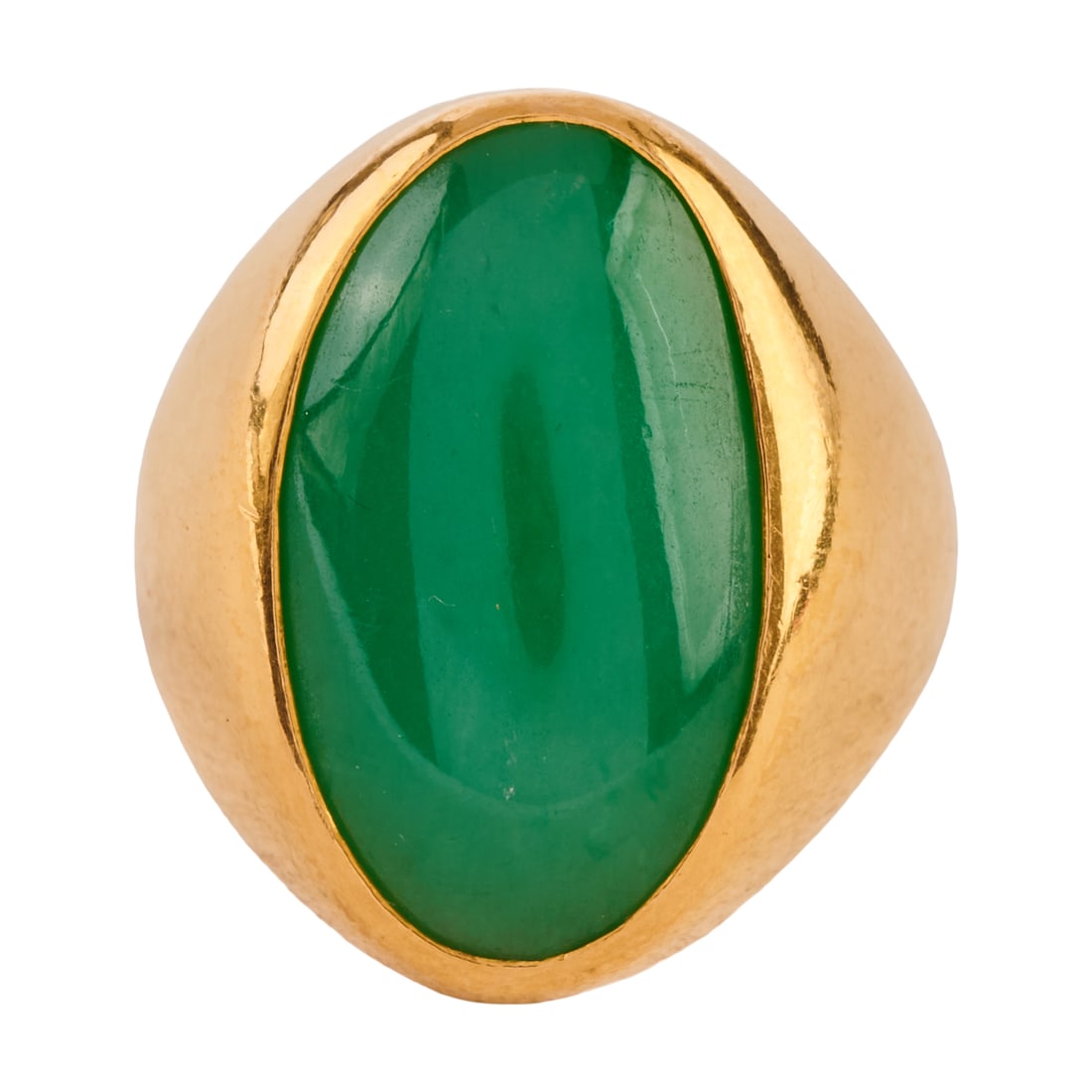 Jadeite Jade, 22k Yellow Gold Ring: Jadeite Jade, 22k Yellow Gold Ring. Featuring one oval shaped jadeite jade cabochon measuring approximately 20.2 x 11.6 mm, set in a 22k yellow gold mounting. {Size: 7 1/2, Gross Weight: 9.3 dwts}