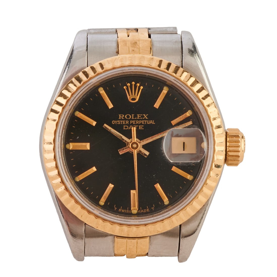 Ladies Rolex Oyster Perpetual Date 18k Yellow Gold, Stainless Steel Wristwatch - Ref. No. 69173: Ladies Rolex Oyster Perpetual Date 18k Yellow Gold, Stainless Steel Wristwatch - Ref. No. 69173. DIAL: Round, black, gold index hour markers, aperture at 3 oclock for date, gold center sweep seconds h