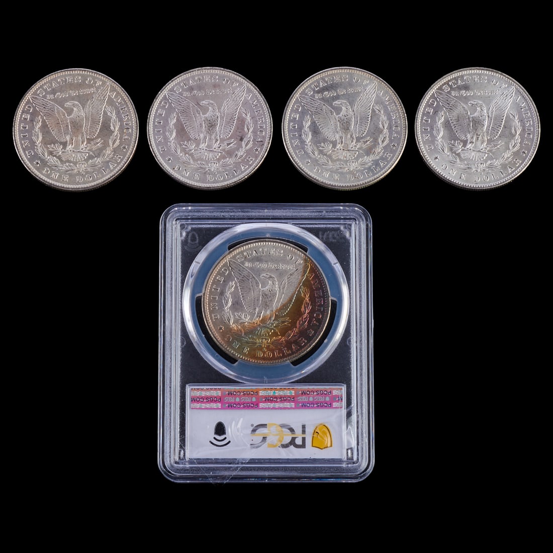 Five 1884"o" Morgan Silver Dollars, One Graded MS61: Five 1884"o" Morgan Silver Dollars, One Graded MS61