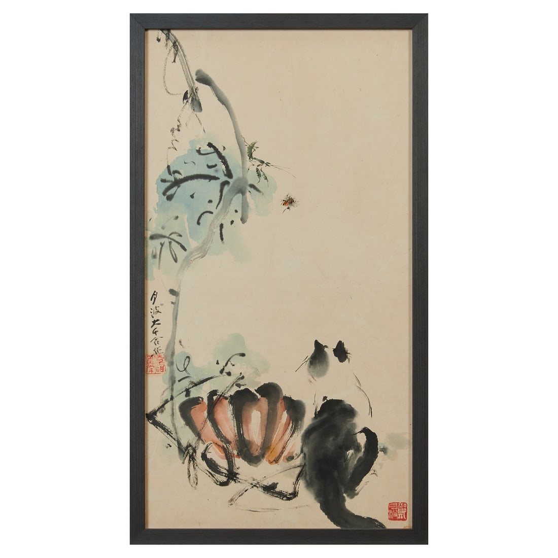 Zhang Daqian and Zheng Yuebo Collaborative Painting, 1960s: Zhang Daqian (1899-1983) and Zheng Yuebo (1907-1991)Cat, Bee, and Grasshopper beneath a Pumpkin VineLate 1960sInk and color on paper, framedThe pumpkins and vine painted by Zhang Daqian; the cat,