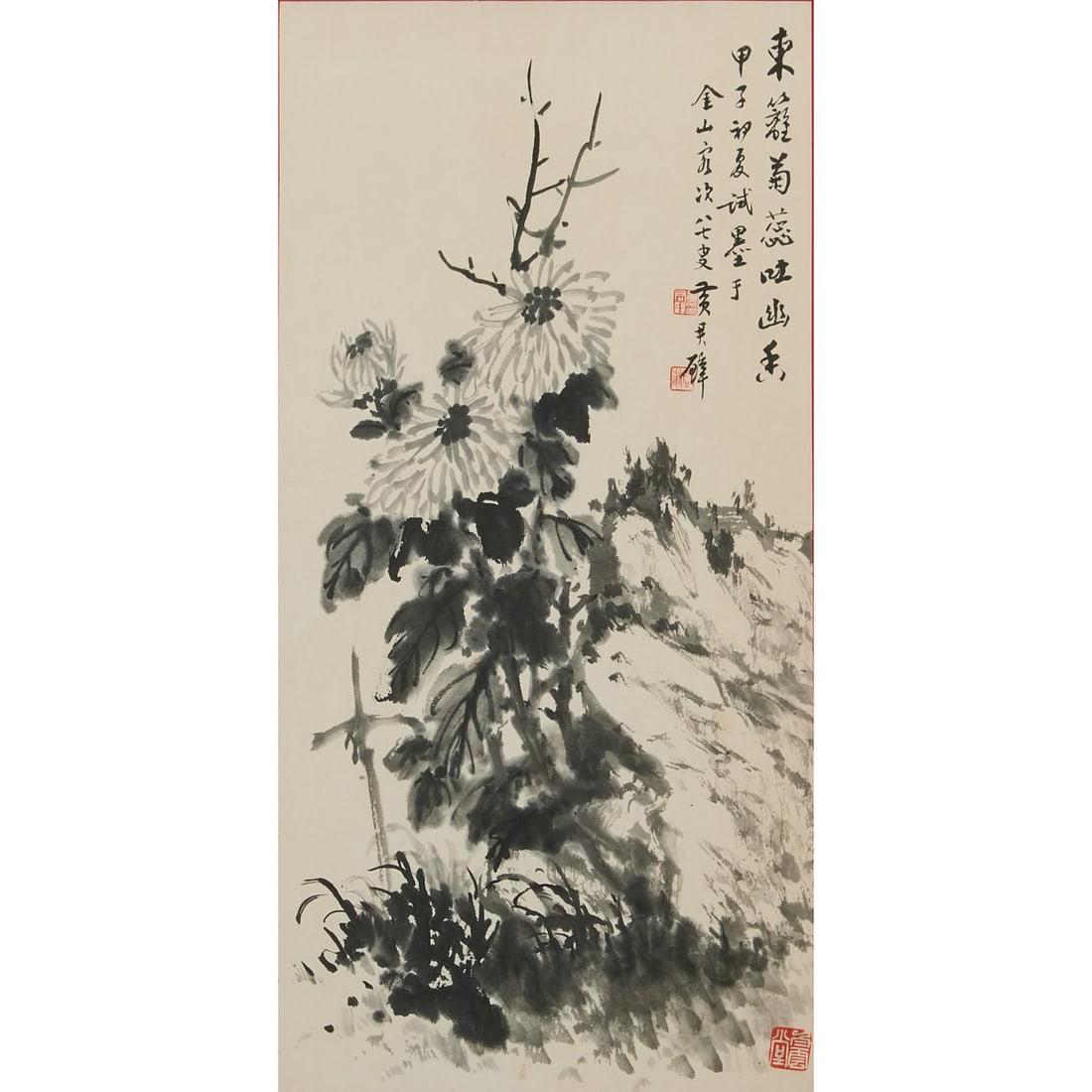 Huang Junbi, "Chrysanthemums and Rock", Ink on Paper, 1984: Huang Junbi (Chinese, 1898-1991), Chrysanthemums and Rock, 1984Ink on paper, inscribed and signed, with three seals of the artist.Inscription: "Beside the eastern fence, chrysanthemum blossoms