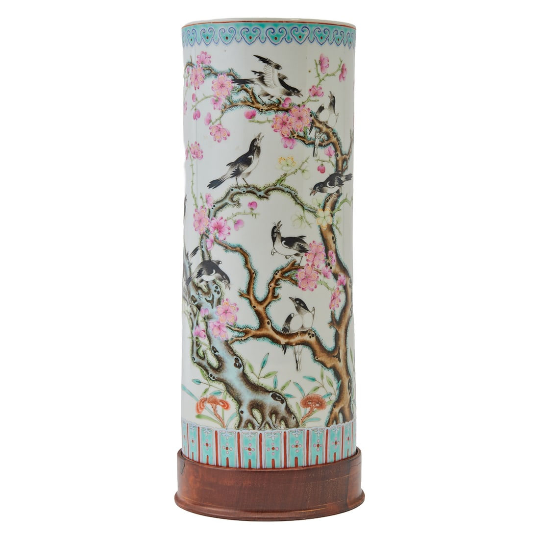 A Famille Rose “Magpies and Plum Blossom?? Hat Stand, Republic Period: A Famille Rose "Magpies and Plum Blossom" Hat Stand, Republic Period. {H 12 5/8 x Diameter 5 1/4 inches}.;Provenance: Acquired from the descendants of a distinguished longtime San Francisco collector.