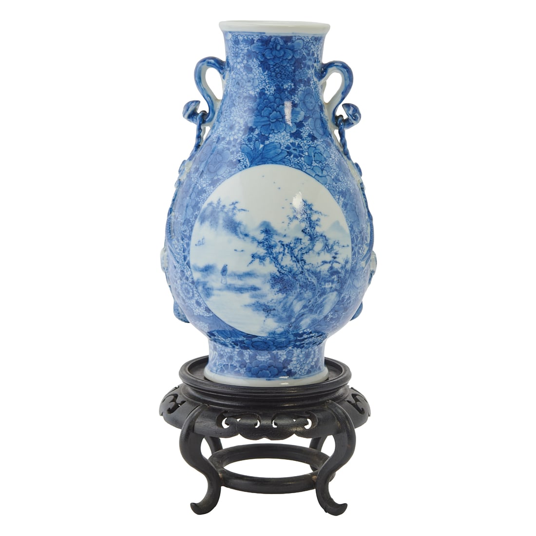 A Vase with Bird-and-Landscape Panels and Ruyi-Form Handles, Republic Period: A Vase with Bird-and-Landscape Panels and Ruyi-Form Handles, Republic Period.;;{H 9 1/4 x W 6 x D;5 3/8 inches}.Provenance: Acquired from the descendants of a distinguished longtime San Francisco coll