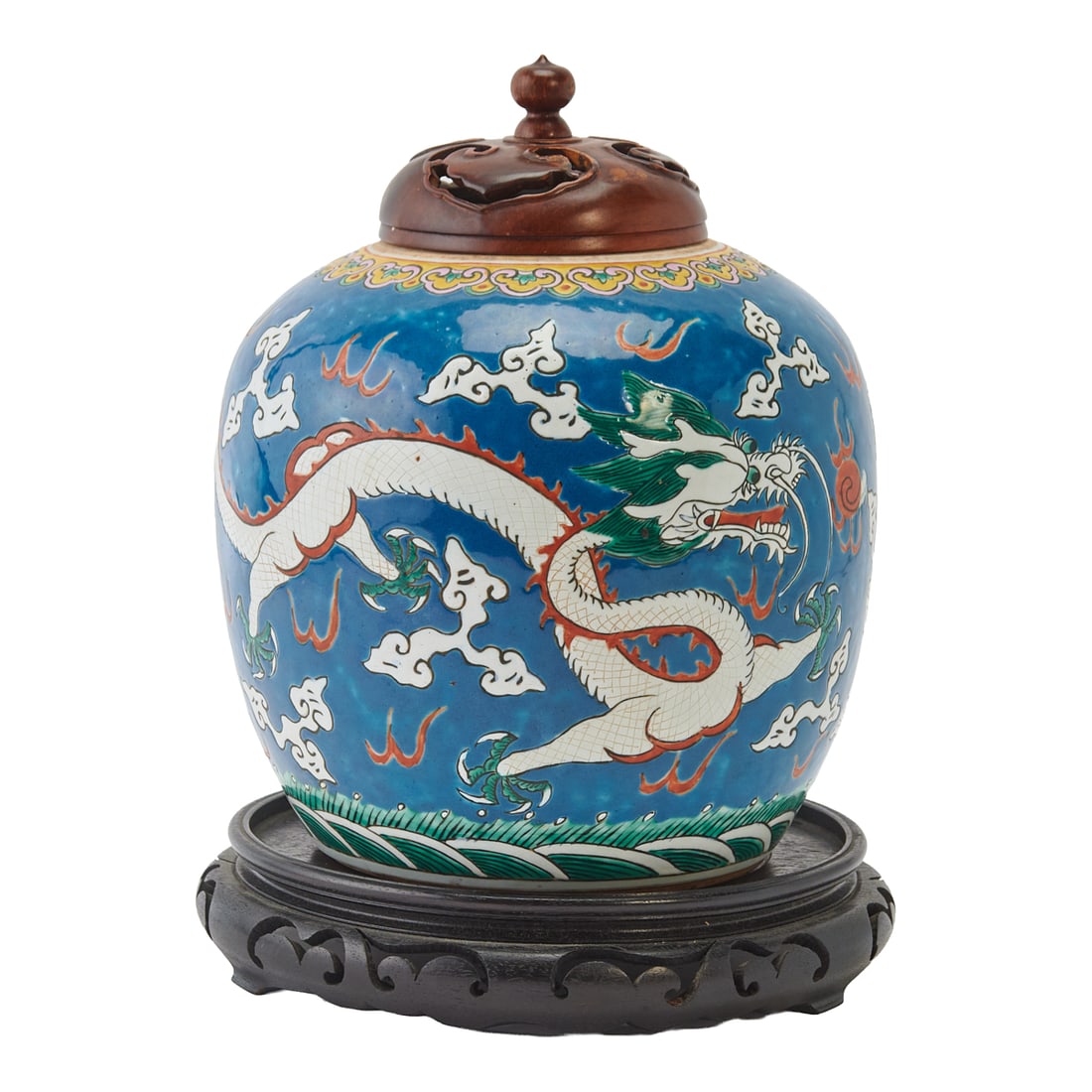 A Chinese Blue-Ground Famille Rose Dragon Jar, 19th Century: A Chinese Blue-Ground Famille Rose Dragon Jar, 19th Century.;;{H 10;x Diameter 8 1/2;inches (not including stand)}.