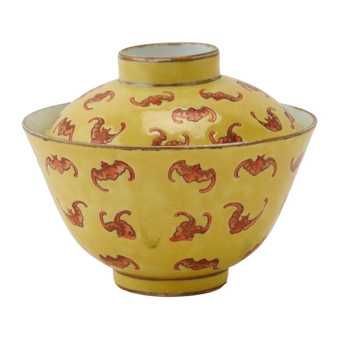 A Yellow-Ground Iron-Red “Hong Fu Qi Tian?? Covered Bowl, 19th Century: A Yellow-Ground Iron-Red "Hong Fu Qi Tian" Covered Bowl, 19th Century. {H 3;3/4;x Diameter 4;3/8;inches (includes lid)}.Provenance: Acquired from a distinguished;collector in Silicon Valley.