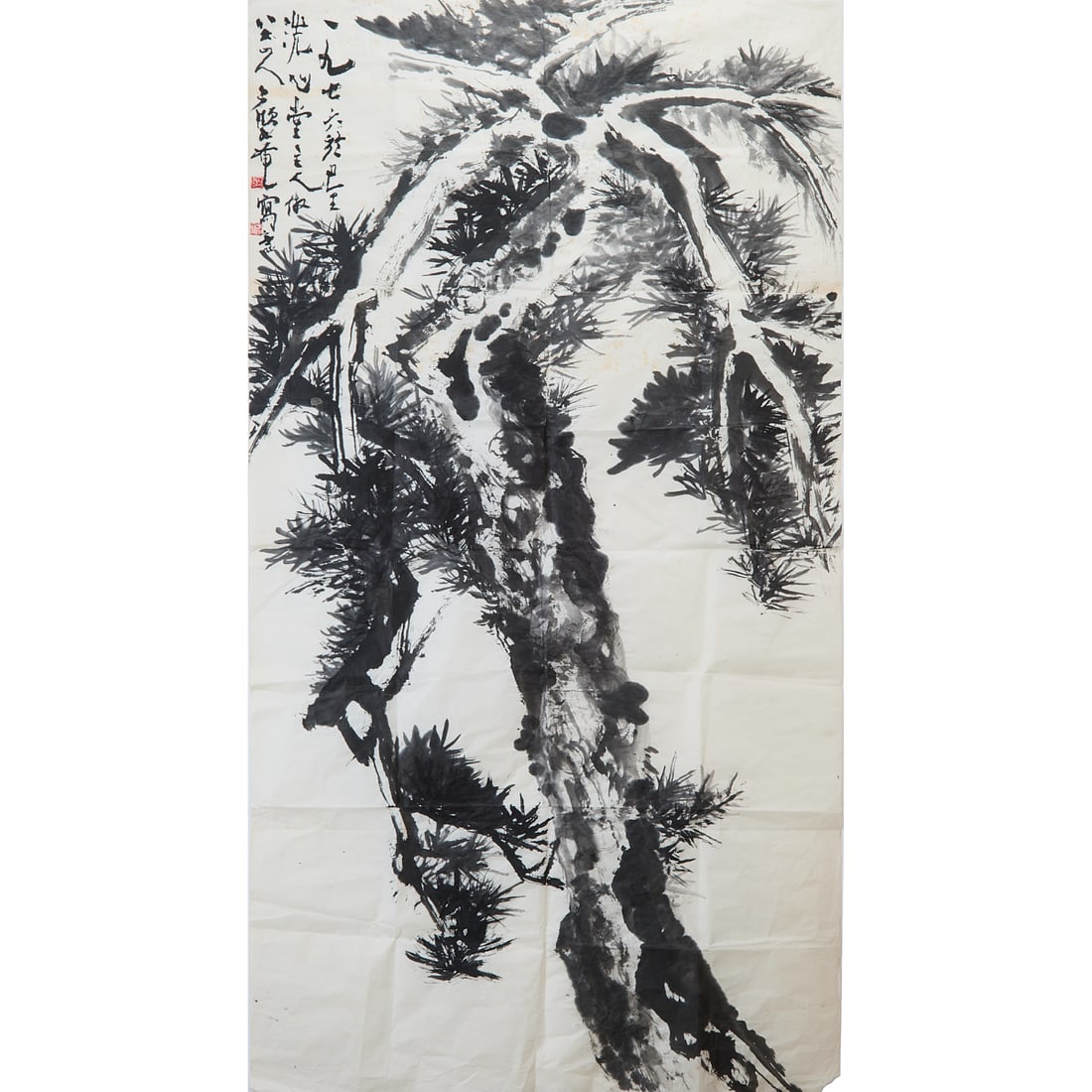 Lee Ungno, Pine Tree, Korean Ink Painting on Paper, 1976: Lee Ungno (Korean, 1904-1989), Pine Tree, After Bada Shanren, 1976Ink on paper, inscribed, signed, and dated at upper left, with two artist's seals.Image size: 69 1/2 x 37 7/8 inches (176.5 x 96.2