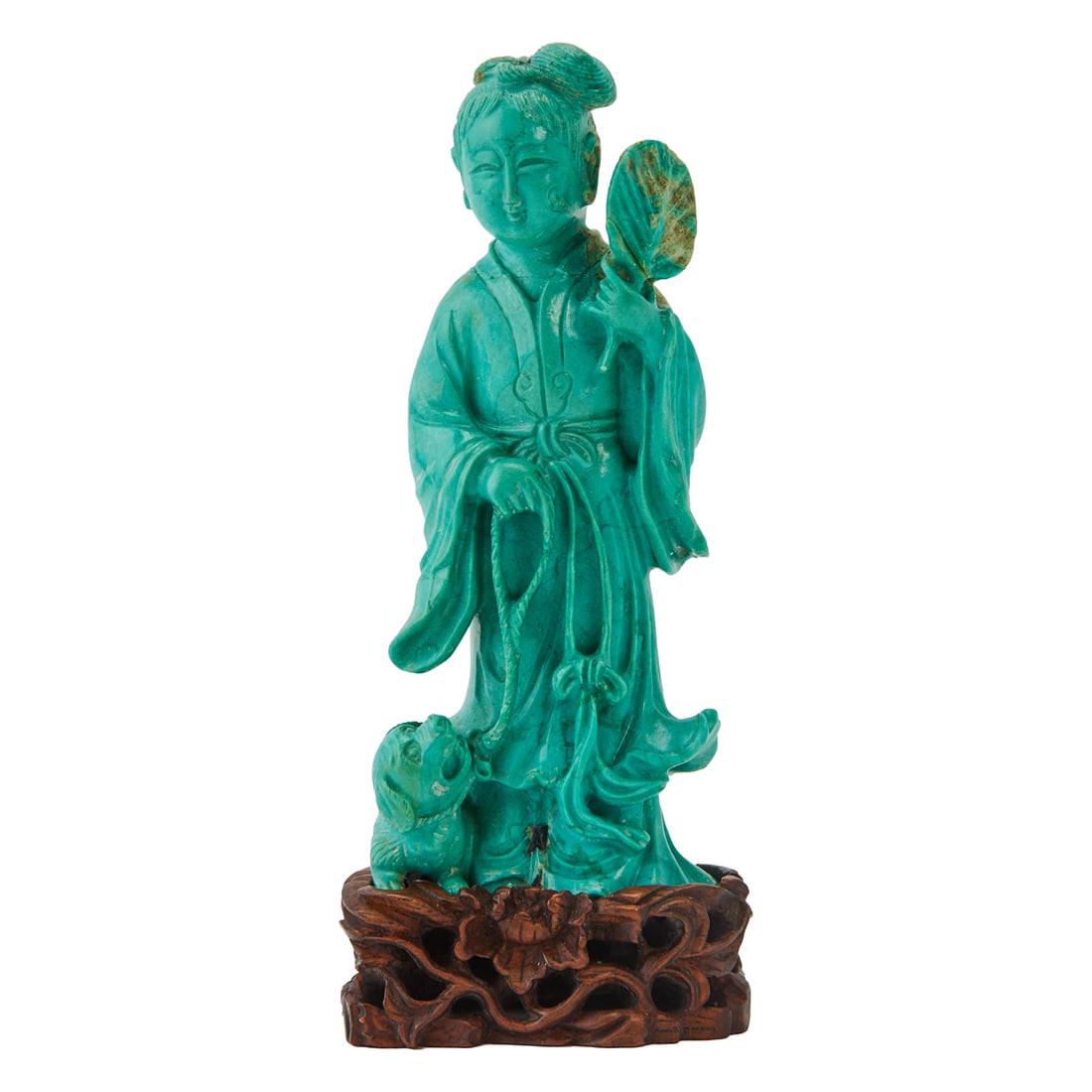 A Carved Turquoise Figure with Dog, Qing Dynasty: A Chinese carved turquoise figure with dog,;Qing Dynasty,;on carved wood stand.;{H 4 inches (not including stand}.Provenance: Acquired from the descendant;of a distinguished longtime collector in Cali
