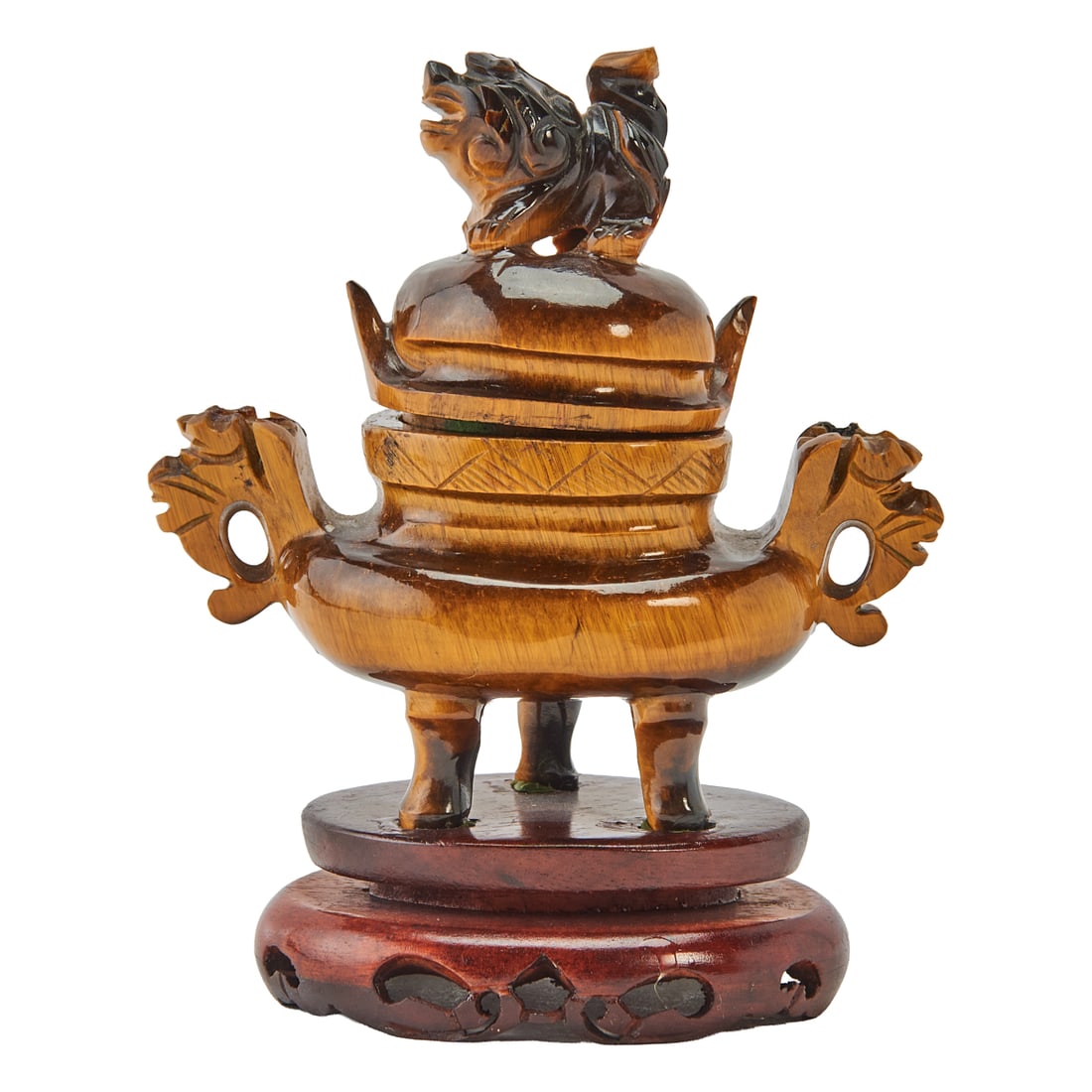 A Carved Tigerâ€™s-Eye Censer and Cover, 20th Century: A Carved Tiger's-Eye Censer and Cover, 20th Century. {H 3 3/4 x W 4 x D 2 inches}.Provenance: Acquired from the descendant;of a distinguished longtime collector in Califonia.