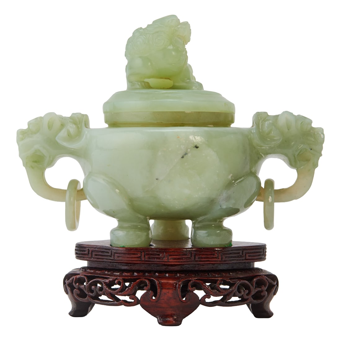 A Xiuyan Jade Tripod Censer with Pixiu-Form Handles, 20th Century (1 of 3)