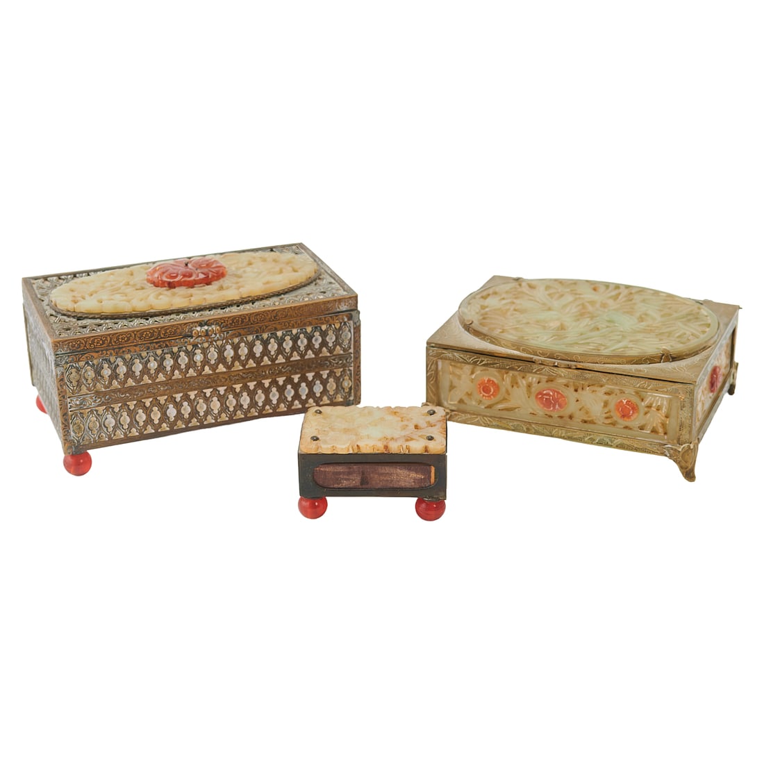 Chinese Decorative Brass Boxes with Carved Jade Plaques, 20th Century: Group of three;Chinese brass decorative boxes with carved jade plaques inlaid on;lids. {Largest: H 2 3/4 x W 5 3/8 x D 3 1/2;inches}.Provenance: Acquired from the descendant;of a distinguished longtim