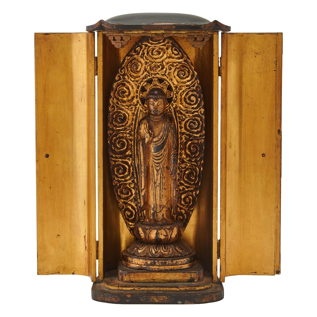 A Japanese Buddhist Shrine with a Standing Buddha, Edo Period: A Japanese Buddhist Shrine with a Standing Buddha, Edo Period;{Overall Height 15 1/2 inches}.;