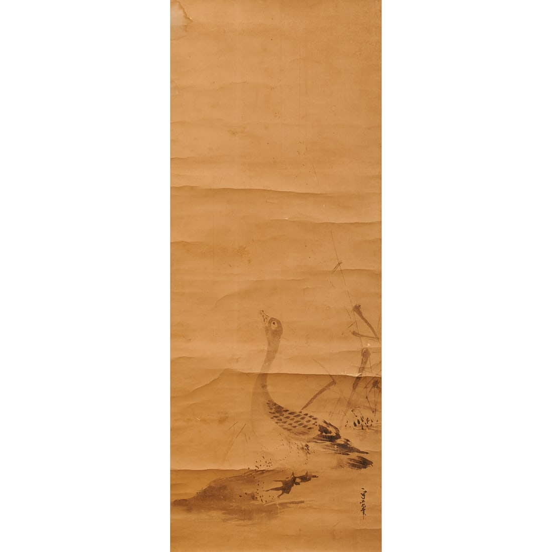Kusumi Morikage (c. 1620–1690) Wild Goose, Scroll Painting: Kusumi Morikage (ca. 1620-1690)Hanging scroll, I paperThis Japanese hanging scroll depicts a solitary wild goose standing beside reeds on a low riverbank. Although the subject is simple, the painting 