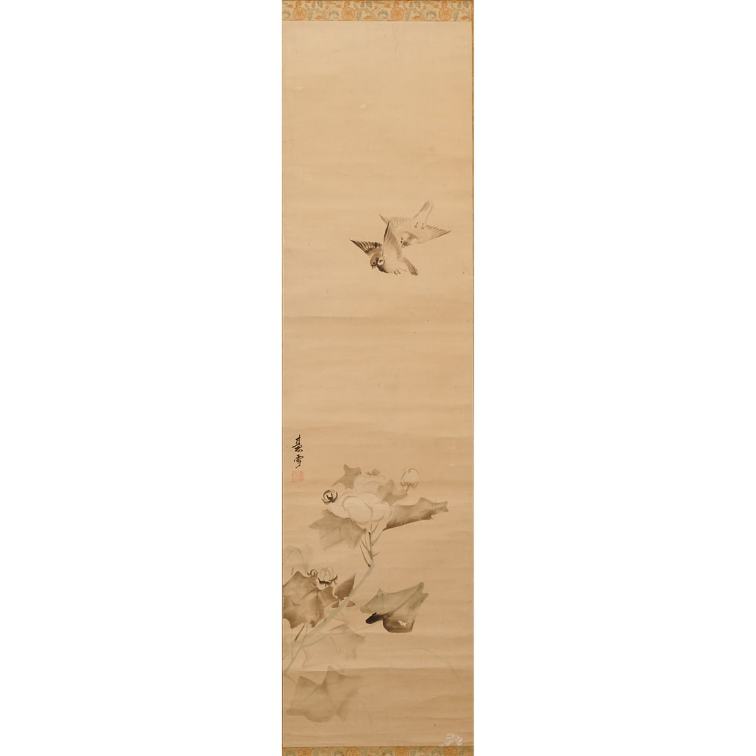 Nagasawa Rosetsu (1754-1799), Hibiscus: Hibiscus and SparrowsNagasawa Rosetsu (1754–1799)Hanging Scroll with Wooden Storage Box, Ink and light color on paperThis hanging scroll by Nagasawa Rosetsu depicts two sparrows descending toward fl