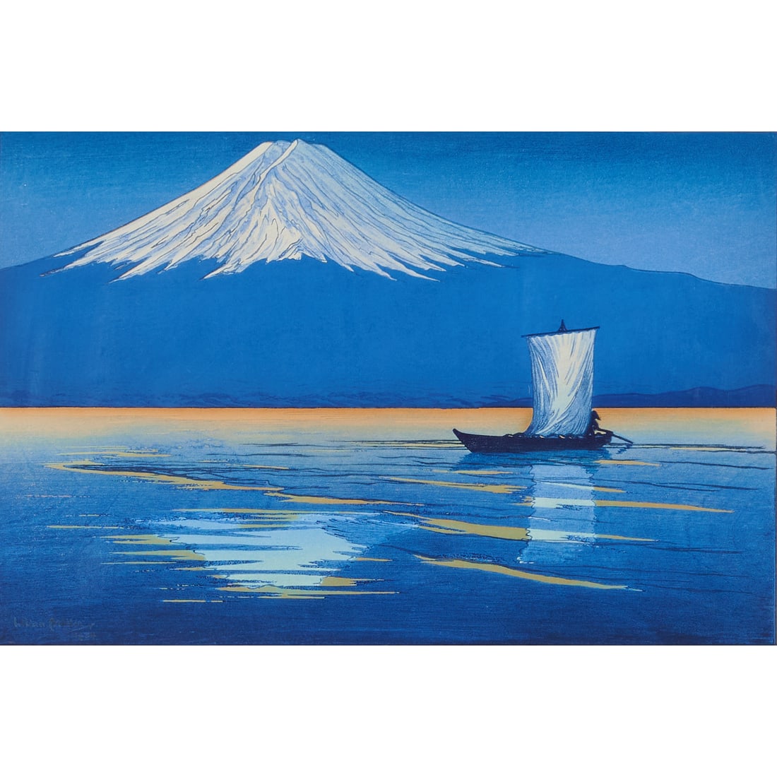 Lilian Miller, Midnight on Mt Fuji, Woodblock, 1934: Lilian May Miller (American, 1895-1943), "Moonlight on Mt Fuji", woodblock, 1934, signed and dated in plate lower left; titled in pencil lower left margin.{Image size: 9 1/4 x 14 1/4 inches}.;{Frame s