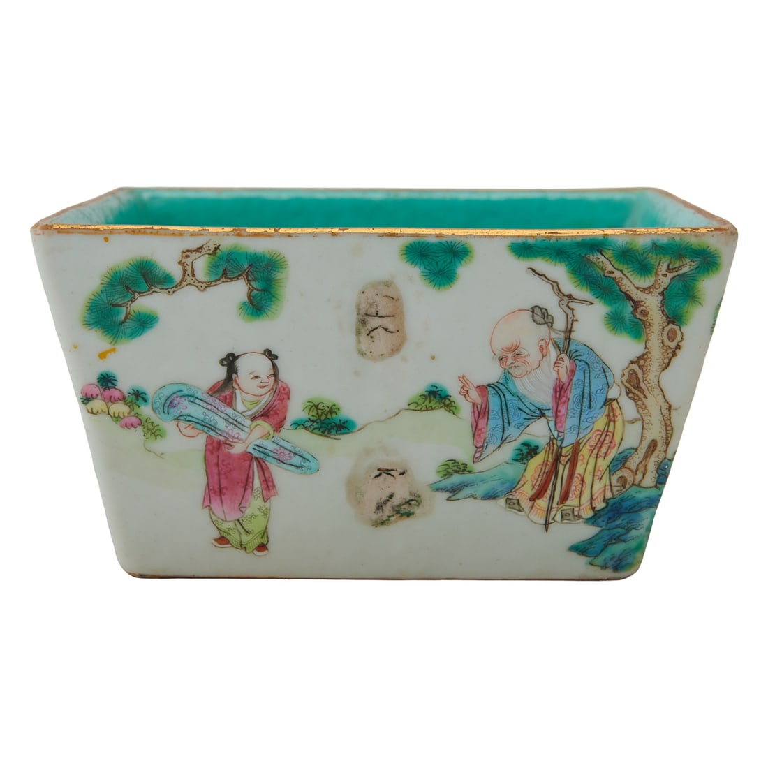 A Famille Rose Square-Form Cup, Daoguang Period: A Famille Rose Square-Form Cup, Daoguang Period.;{H 2 7/8 x W 5 3/8 x D 5 3/8 inches}.4Provenance: Acquired from the descendants of a distinguished longtime San Francisco collector.
