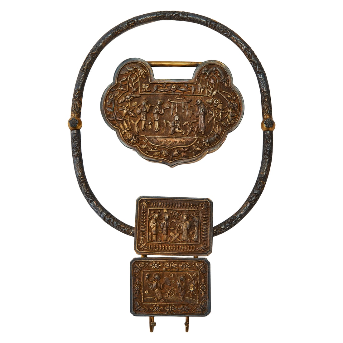Chinese Bronze Lock Set, Late Qing Dynasty: Chinese Bronze Lock Set, Late Qing Dynasty. {Length 11 5/8 inches}.;Provenance: Acquired from the descendants of a distinguished longtime San Francisco collector.