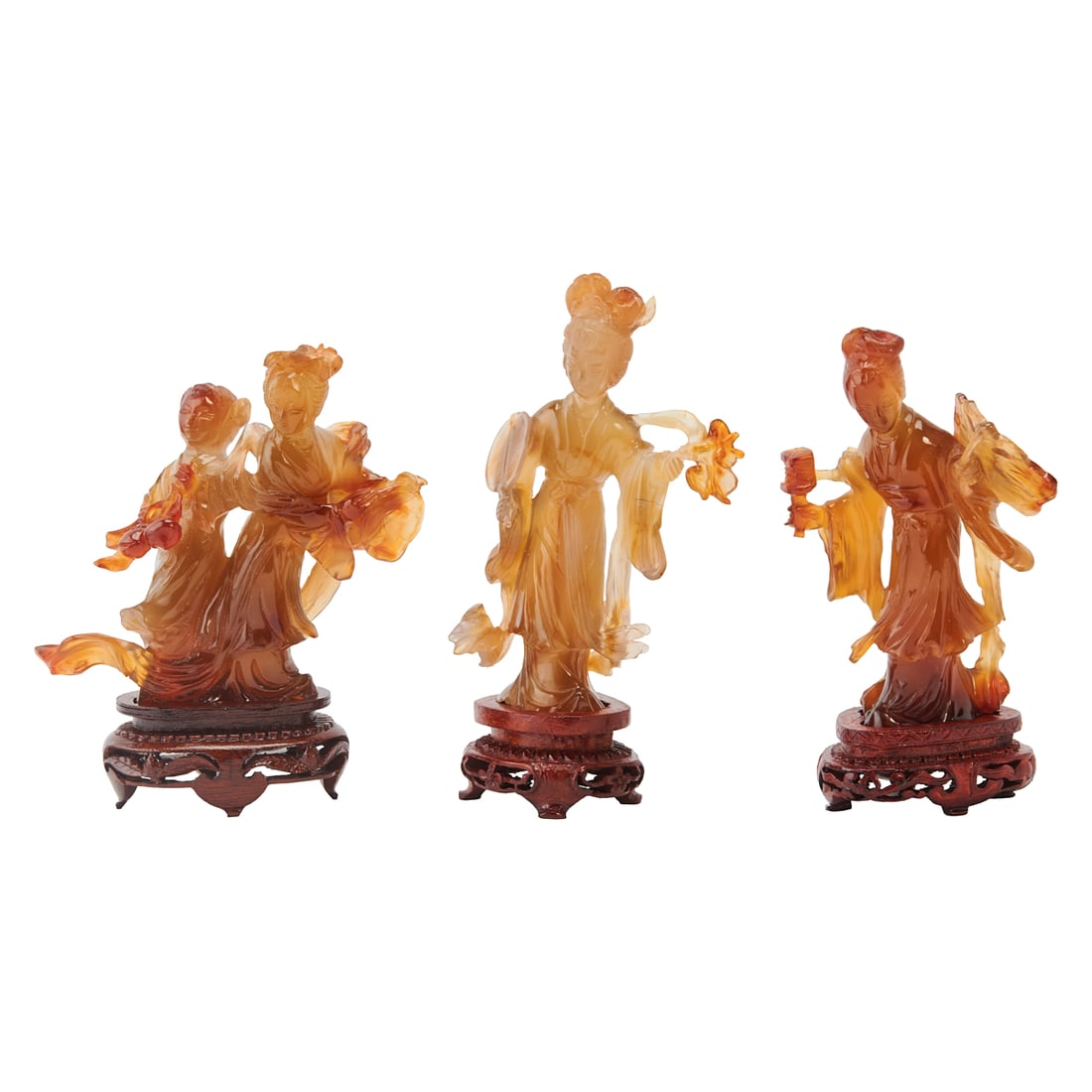 Three Chinese Carved Agate Figures, Goddess, 1980s: Three Chinese Carved Agate Figures, Goddess, 1980s. {Largest: Height;6;x Width 4;inches}.This lot comes from the family collection of Ms. Julia Tsui. Michaan's Auctions is honored to present these wor