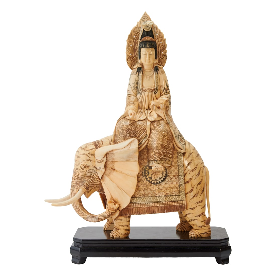 Carved Bone Seated Guan Yin on an Elephant on Wood Base, 20th Century: Carved Bone Seated Guan Yin on an Elephant on Wood Base, 20th Century {Height 23;inches}.;
