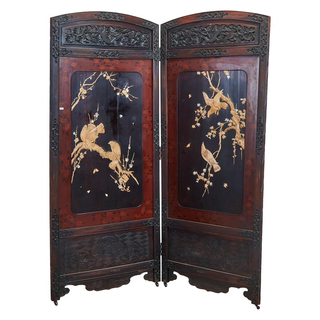 A Two-Panel Carved Wood Screen Inlaid with Birds and Flowers, circa 1940s: A Two-Panel Carved Wood Screen Inlaid with Birds and Flowers, circa 1940s. {Each Panel: H 73 5/8 x;W 32 1/4 inches}.;Provenance: From the collection of a distinguished contemporary California collecto