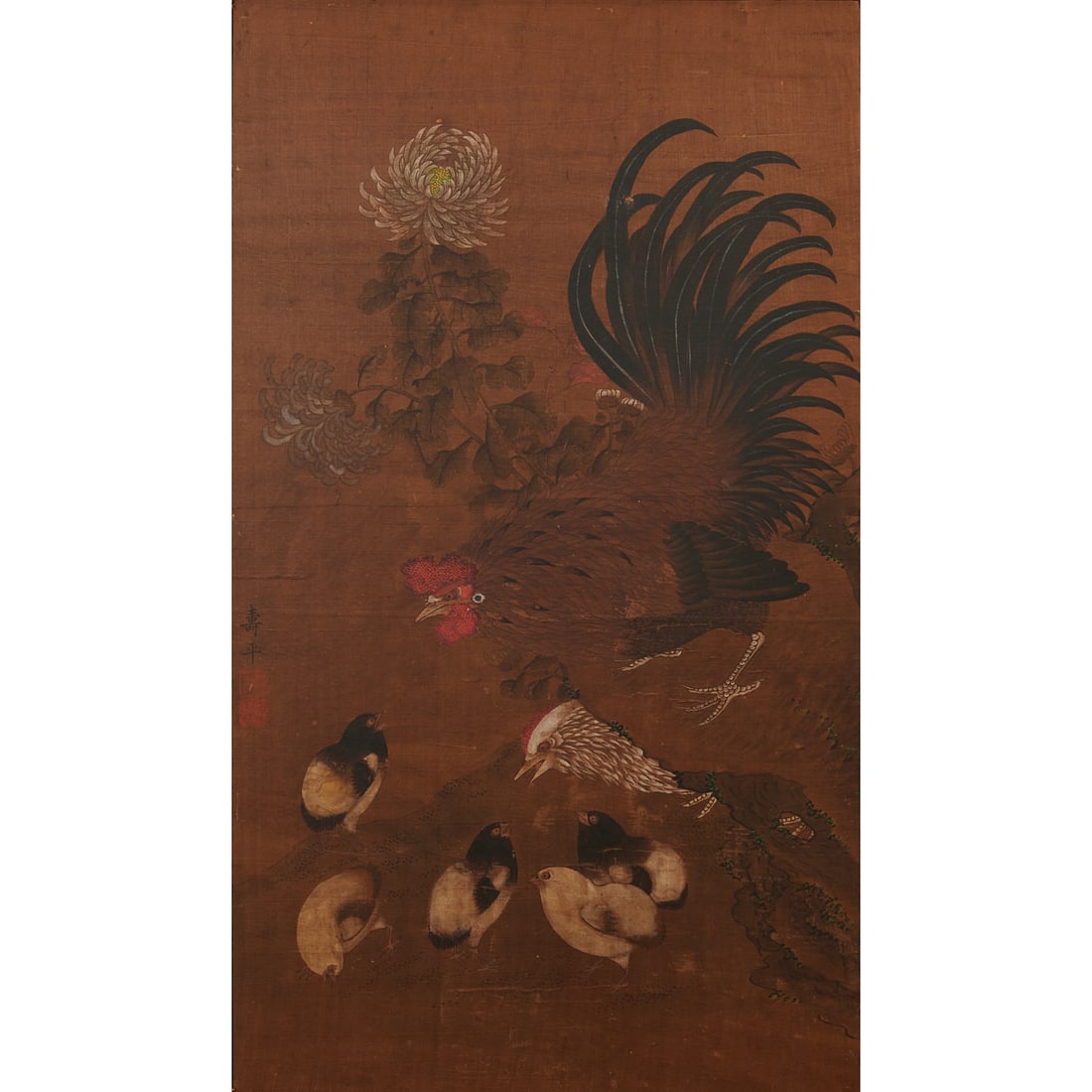 In the Manner of Yun Shouping, A Rooster and Chicks, Republic Period: Chinese Ink and Color on Silk Painting of a Rooster and Chicks, Republic PeriodFinely executed in ink and color on silk, the painting depicts a proud rooster standing upon a rocky outcropping surround