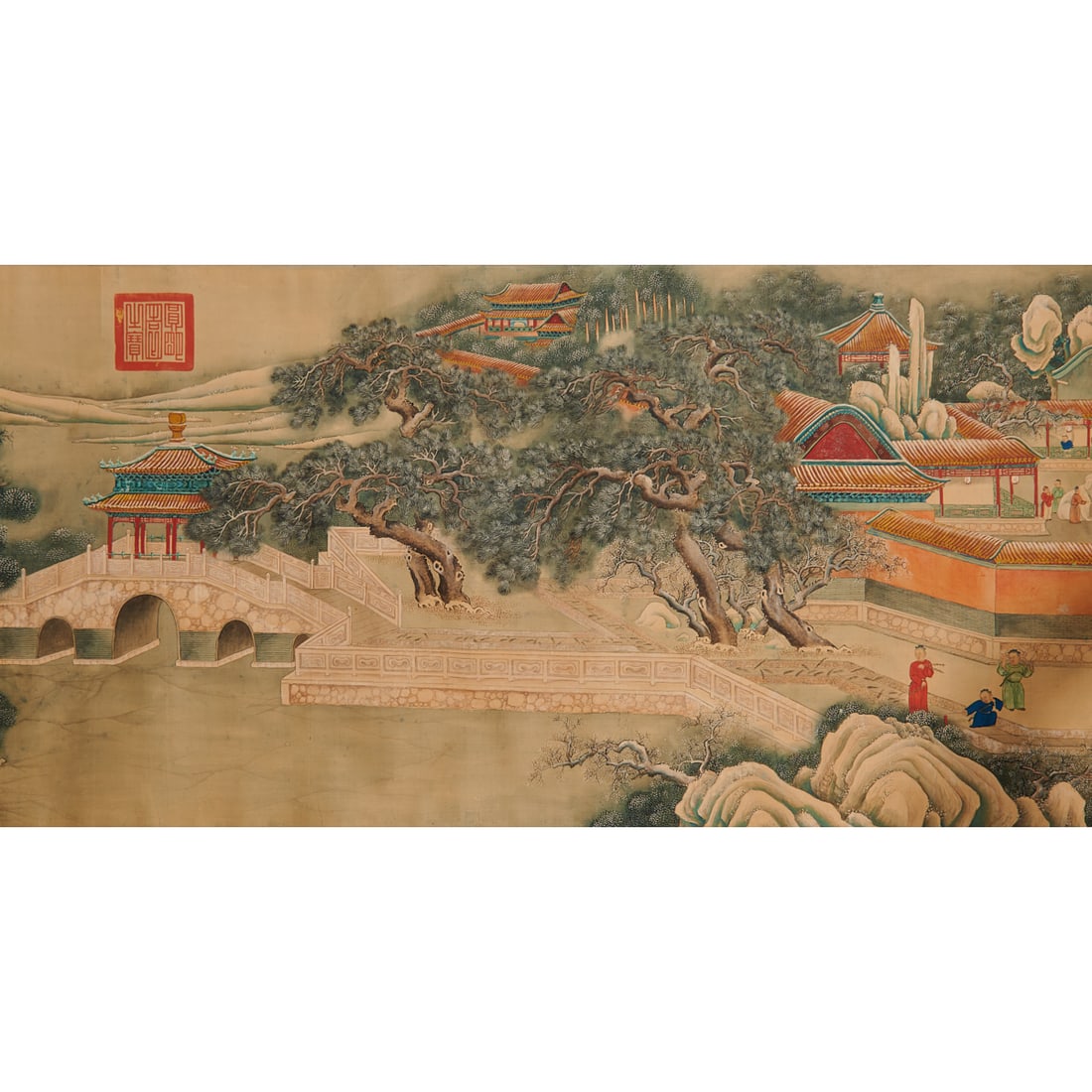 In the Manner of Giuseppe Castiglione, Hand Scroll, Late Qing: A Chinese Handscroll, Auspicious Snow at the Beginning of the New Year, Bearing a Signature of Giuseppe Castiglione (Lang Shining), with an Apocryphal Qianlong Frontispiece Inscription, Probably Late 