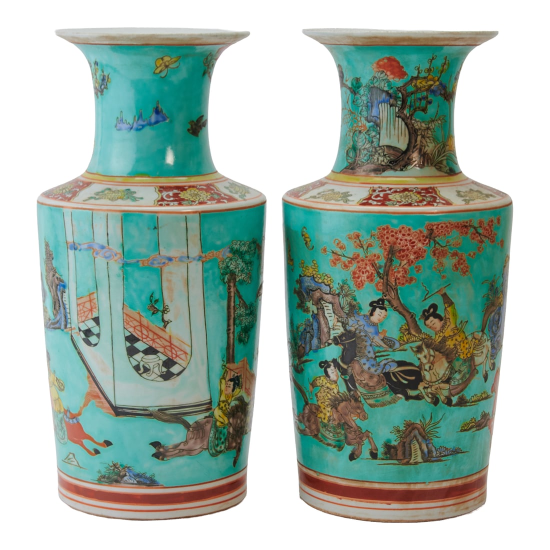 Pair of Chinese Polychrome Cylindrical Vases, 20th Century (1 of 4)