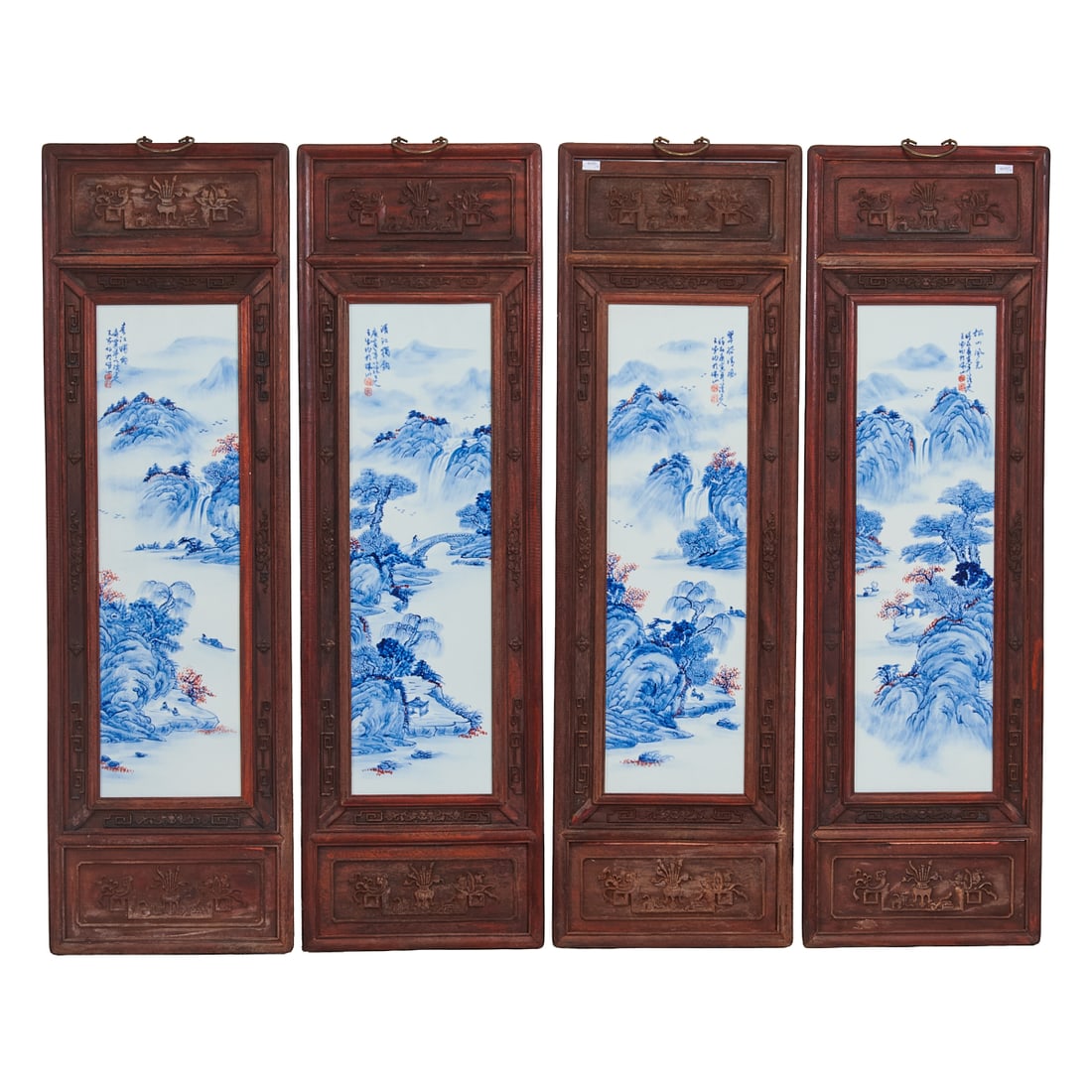Set of Four Framed Blue and White Porcelain Wall Plaques, 20th Century: Set of Four Framed Blue and White Porcelain Wall Plaques, 20th Century. {Overall Each Panel: H 47 1/2 x W;14 1/4 inches}.;