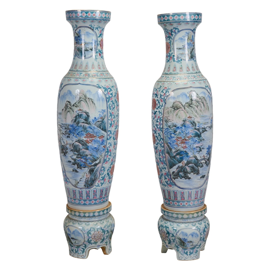 Pair of Large Chinese Porcelain Floor Vases on Stands, 20th Century (1 of 5)