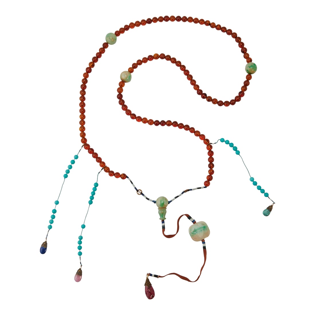 A Gemstone Court Necklace with Amber and Jade, 20th Century: A Gemstone Court necklace with amber and jade. {Length 30 inches}.