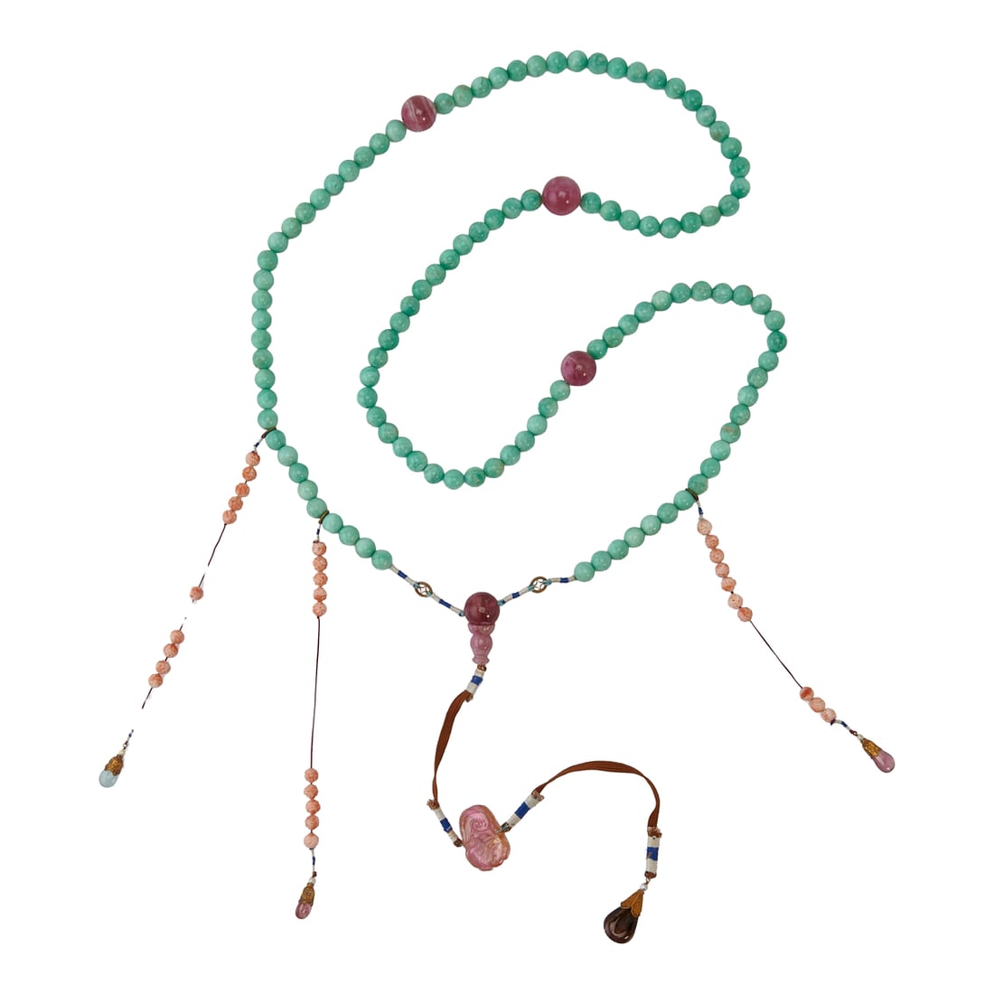 A Gemstone Court Necklace with Green and Pink Stones, 20th Century: A Gemstone Court necklace with green and pink stones. {Length 32 3/4 inches}.