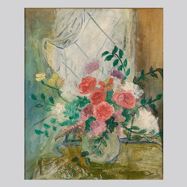 LUDWIG BEMELMANS "Floral Still Life" Oil: LUDWIG BEMELMANS (American 1898-1962) Floral Still Life Oil on artist's board 20 x 16 inches/ 50.8 x 40.5 centimeters Signed lower right "Bemelmans" Frame: 28.5 x 24.5 inches/ 72.3 x 62.2 centimeters 