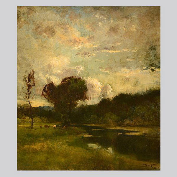 WILLIAM KEITH, California Landscape Cows: WILLIAM KEITH (Californian 1838 - 1911) "Landscape with Cows" Oil on canvas, canvas is laid down. 19 X 16 1/2 Inches. Signed and annotated l/r: W. Keith SF. Condition: Canvas is laid down, wax relined