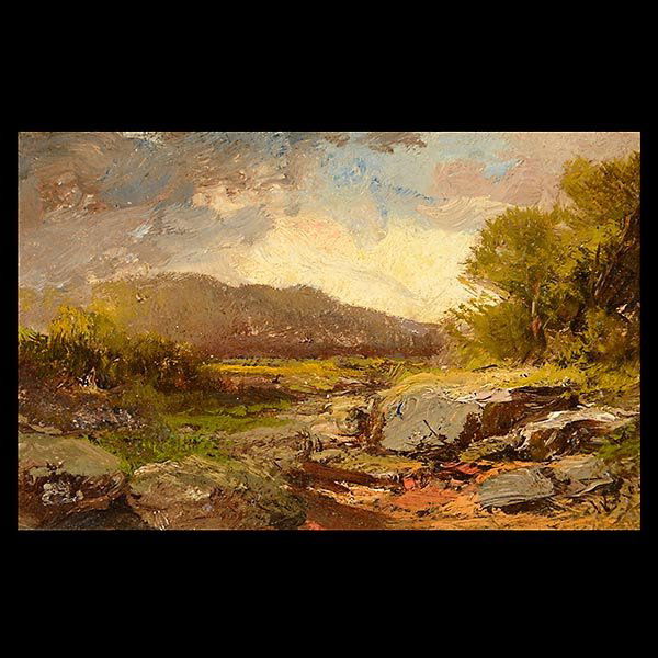 William Keith, Mt. Landscape Signed California Art: WILLIAM KEITH (Californian 1838 - 1911) "Mountain Landscape" Oil on board. 5 1/4 x 8 1/4 Inches. Signed l/r: W Keith (Condition: In good condition)