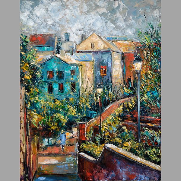 Debra Hurd, "Two Village Lamps", o/c: DEBRA HURD (American late 20th C.) "Two Village Lamps (New Orleans), 2006" Oil on canvas 40 x 30 inches/ 107 x 76 centimeters Signed lower right "D. Hurd" Verso: Signed & dated "Debra Hurd 8-2006"