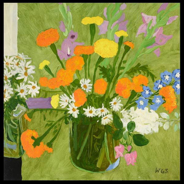 BRYAN WILSON "November Still Life, 1963" Oil : BRYAN WILSON (American 1927-2002) "November Still Life, 1963" Oil on canvas. 30 x 30 inches/ 76.2 x 76.2 centimeters. Initialed & dated lower right "W., 63" Verso: Exhibition label from the 5th Winter