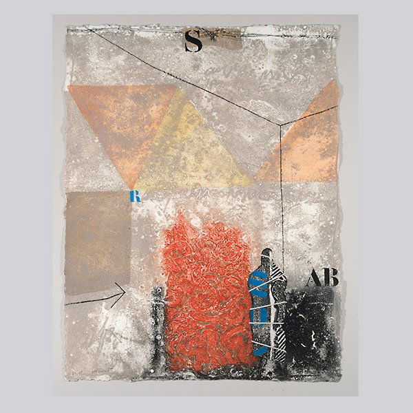 James Coignard "Triangles et Otage en Rouge": JAMES COIGNARD (French 1928-2008) "Triangles et Otage en Rouge" Etching and Collage with Carborundum on Rag paper. 30 x 22 inches/ 76.2 x 25.8 centimeters. Signed, numbered lower left "J Coignard 69/7