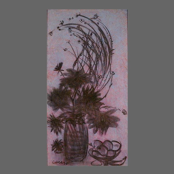 PASCAL CUCARO "Still Life" Oil on canvas: PASCAL CUCARO (American 1915-2004) "Still Life" Oil on canvas. 48 X 24 inches. Signed lower left "Cucaro". Verso: Gallery stamp "Cory Gallery Cucaro" and label with date "Circa 1960".