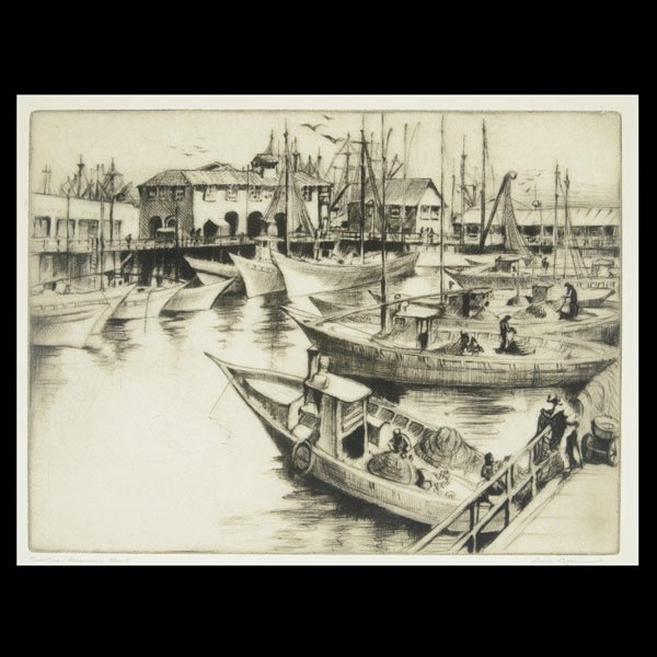 Gene Kloss "Noontime-Fishermans Wharf" Etching: GENE KLOSS (American 1903-1996) "Noontime - Fisherman's Wharf" Etching on paper. Plate: 9 x 12 inches/ 22.8 x 30.5 centimeters. Signed in pencil lower right "Gene Kloss" Titled lower left "Noontime - 
