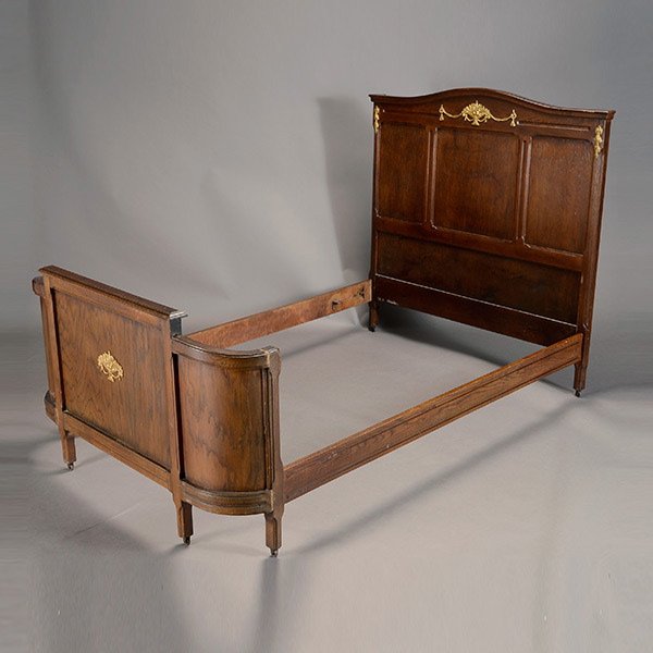 Art Nouveau Style Dark Oak Paneled Bed: Art Nouveau Style Dark Oak Paneled Bed, with Gilt Metal Flowering Arrangement Mounts {Dimensions of headboard 53 x 55 inches; length of rails 73 inches}