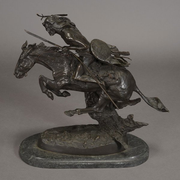 After Frederic Remington The Cheyenne Bronze: After Frederic Remington (American 1861-1909), Bronze Group of "The Cheyenne", inscribed "Copyright Frederic Remington", mounted on verde antico marble base {Height 21 1/8 inches}