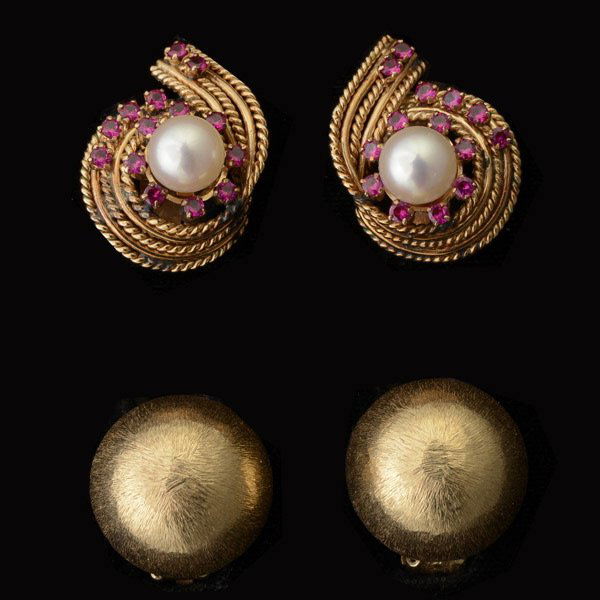 2 PAIRS OF CULTURED PEARL, SYN. RUBY EARRINGS.: COLLECTION OF TWO PAIRS OF CULTURED PEARL, SYNTHETIC RUBY, 14K YELLOW GOLD EARRINGS. Including one pair of cultured pearl, synthetic ruby, 14k yellow gold earrings together with one pair of 14k yellow