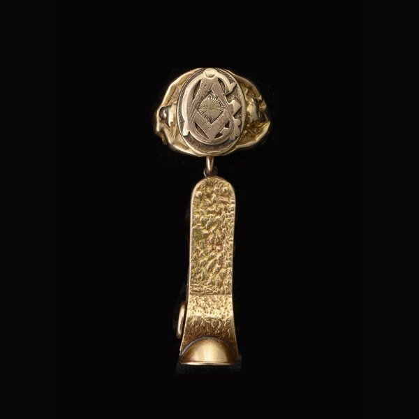 COLLECTION OF TWO 10K GOLD JEWELRY ITEMS.: COLLECTION OF TWO 10K GOLD JEWELRY ITEMS. Including one 10k yellow gold Masonic ring featuring nude ladies on shank supporting center design, size 9 1/2 together with a 10k rose gold cigar cutter/pend