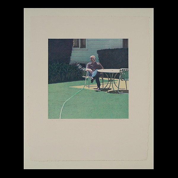 ROBERT BECHTLE "Santa Barbara Patio" Lithograph: ROBERT ALAN BECHTLE (Californian b.1932) "Santa Barbara Patio" Lithograph on paper. 14 X 14 inches. Signed lower right. Inscribed in pencil "To Allen" l/l. This print forms part of the Oakland Museum