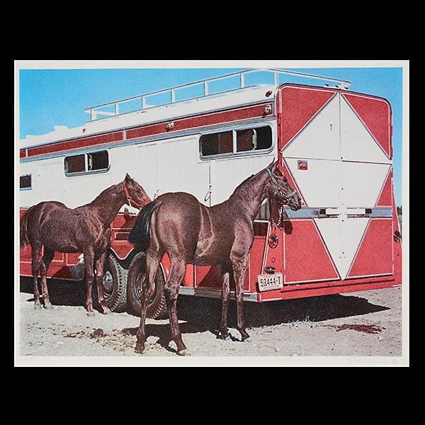 RICHARD MCLEAN "Fillies with Trailer" Lithograph: RICHARD MCLEAN (American b.1934) "Fillies with Trailer" Litograph on paper. 13 3/4 X 18 1/4 inches. Frame: 26 X 31 inches. Signed lower right "Mclean 80" and annotated lower left "AP".