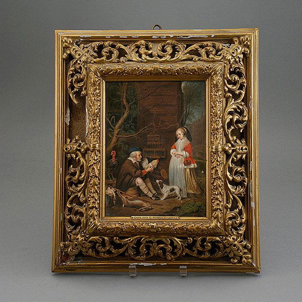 Finely Painted KPM Porcelain Plaque: Finely Painted KPM Porcelain Plaque of a Game Seller, painted after Metsu, impressed KPM and sceptre mark {Dimensions of frame 17 1/2 x 14 3/4 inches} [Breaks; pieces]